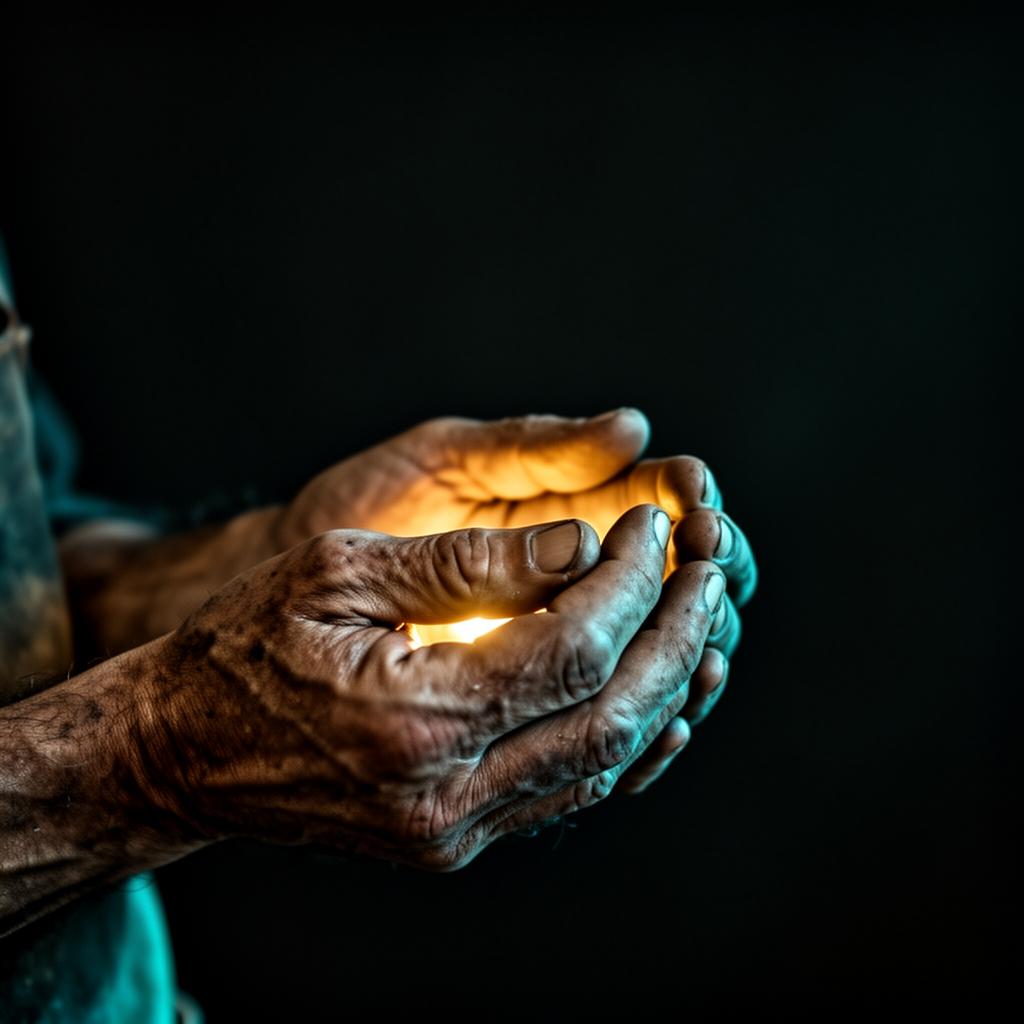 Weathered artisan hands cradling warm light