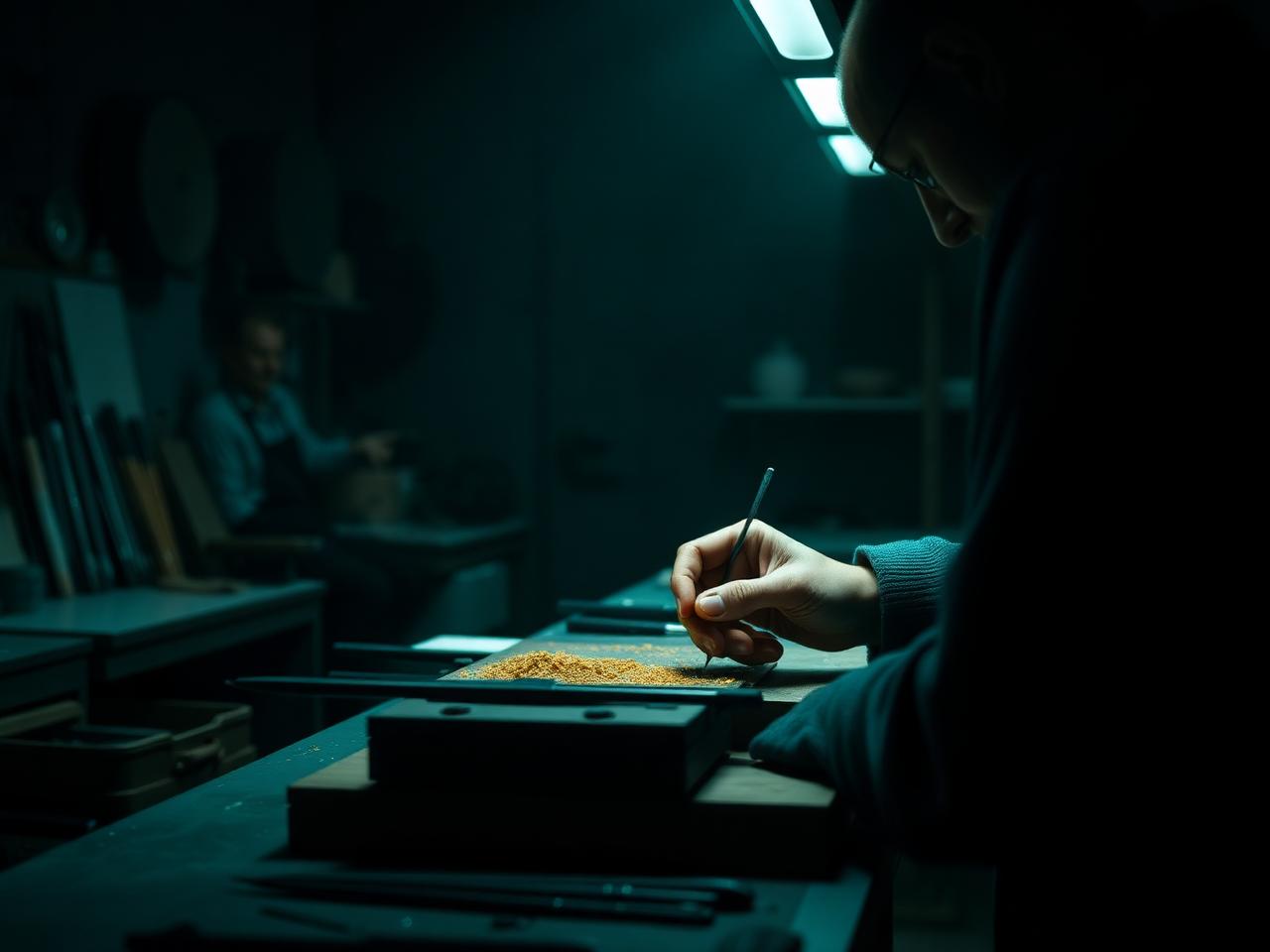 Artisan hands working with precision tools in a moody, modern workshop setting.